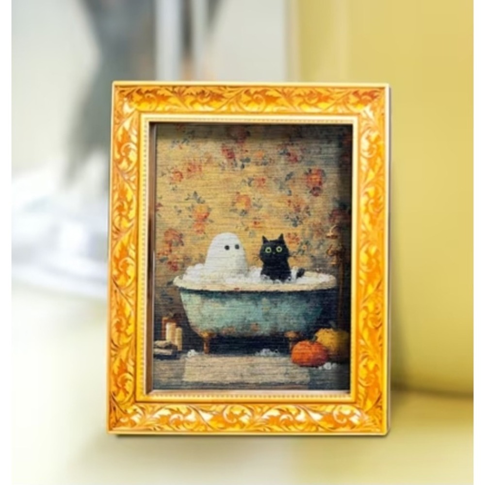 Ghost Black Cat Bathtub Miniature Framed Magnet Halloween Decor Art